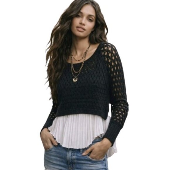 Maeve Sweaters - Maeve Anthropologie Medium Layered Crochet Pleated Black and White Sweater